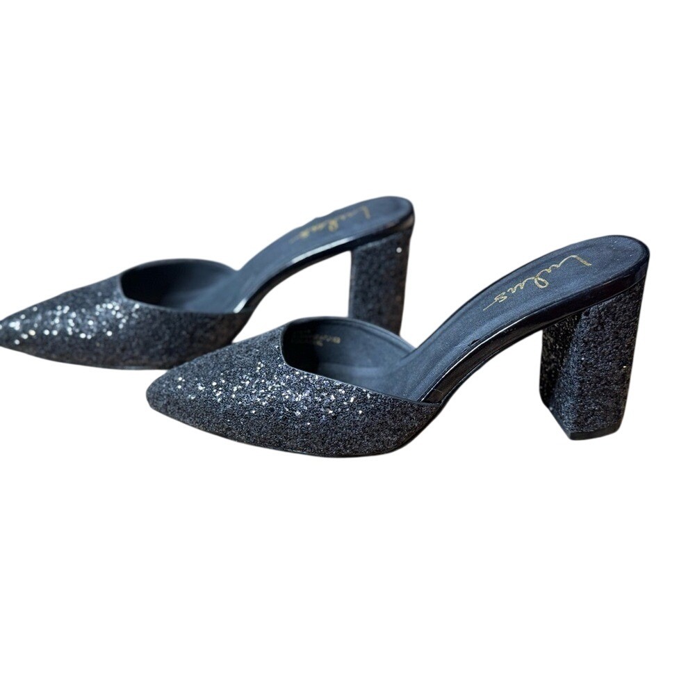 Lulus Black Glitter Pointed Toe Mule Heels 7.5 Block Heel Party Shoes